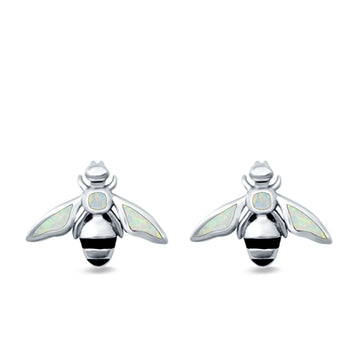 Bee Stud Earrings Lab Created White Opal 925 Sterling Silver (11mm)
